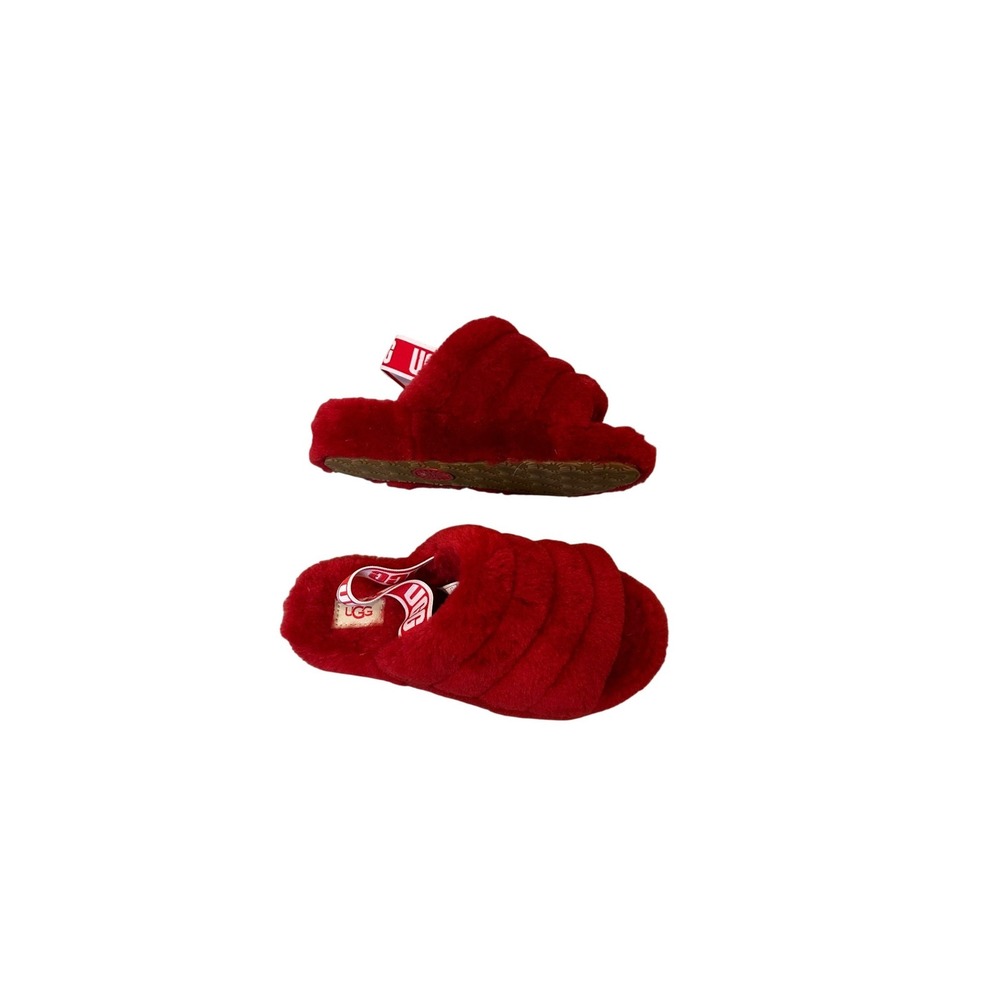 UGG Fluff‎ Yeah Slide Red Sheepskin Logo Slingback Slippers 1095119 Womens 7